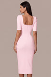 Square Neck Sheath Satin Little White Dress with Short Sleeves