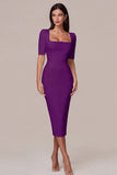 Square Neck Sheath Satin Little White Dress with Short Sleeves