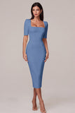 Square Neck Sheath Satin Little White Dress with Short Sleeves