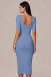Square Neck Sheath Satin Little White Dress with Short Sleeves
