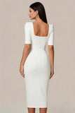 Square Neck Sheath Satin Little White Dress with Short Sleeves