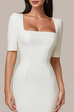 Square Neck Sheath Satin Little White Dress with Short Sleeves