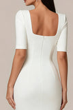 Square Neck Sheath Satin Little White Dress with Short Sleeves