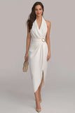 Halter Chiffon Sheath Ruched Little White Dress
