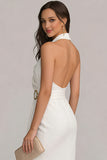 Halter Chiffon Sheath Ruched Little White Dress