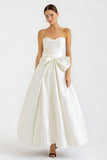 Strapless A Line Bowkont Satin Little White Dress