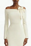 Ivory One Shoulder Sheath Long Sleeves Engagement Dress with Slit