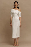 Off the Shoulder Ivory Sheath Satin Midi Engagement Dress