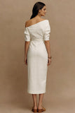 Off the Shoulder Ivory Sheath Satin Midi Engagement Dress