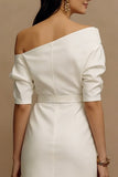 Off the Shoulder Ivory Sheath Satin Midi Engagement Dress