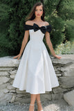 White A-Line Off The Shoulder Midi Engagement Dress with Bow