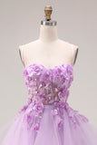 Lilac Organza Sweetheart A-Line Lace-Up Back Long Prom Dress with Appliques