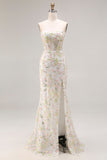 White Flower Mermaid Corset Strapless Long Prom Dress with Slit