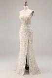 White Flower Mermaid Corset Strapless Long Prom Dress with Slit