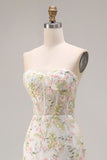 White Flower Mermaid Corset Strapless Long Prom Dress with Slit