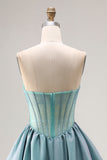 Turquoise Beaded Corset Straplesss A Line Long Satin Prom Dress