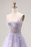 Lilac Appliqued Corset Tulle Spaghetti Straps A Line Long Prom Dress with Slit