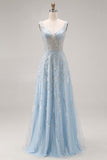 Sparkly Light Blue A-Line Beaded Long Prom Dress with Sequins