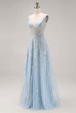 Sparkly Light Blue A-Line Beaded Long Prom Dress with Sequins
