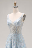 Sparkly Light Blue A-Line Beaded Long Prom Dress with Sequins