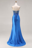 Royal Blue Strapless Mermaid Beaded Corset Long Prom Dress with Slit