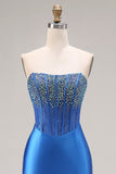 Royal Blue Strapless Mermaid Beaded Corset Long Prom Dress with Slit