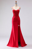 Red Satin Mermaid Embroidered Lace Up Back Long Prom Dress with Slit