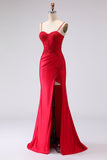 Red Satin Mermaid Embroidered Lace Up Back Long Prom Dress with Slit