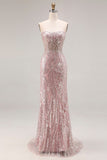 Sparkly Light Pink Strapless Sheath Long Prom Dress with Sequins
