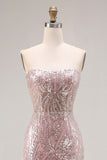 Sparkly Light Pink Strapless Sheath Long Prom Dress with Sequins