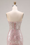 Sparkly Light Pink Strapless Sheath Long Prom Dress with Sequins