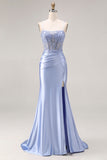 Dusty Blue Mermaid Beaded Satin Corset Long Prom Dress with Slit
