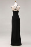 Black Sheath Satin Spaghetti Straps Long Formal Dress with Slit