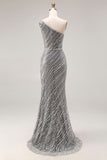 Sparkly Silver One Shoulder Mermaid Sequin Long Prom Dress with Slit