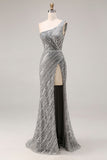 Sparkly Silver One Shoulder Mermaid Sequin Long Prom Dress with Slit