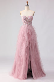 Pink Strapless A-Line Beaded Ruffled Long Prom Dress with Slit