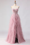 Pink Strapless A-Line Beaded Ruffled Long Prom Dress with Slit