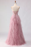 Pink Strapless A-Line Beaded Ruffled Long Prom Dress with Slit