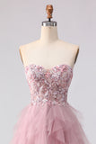 Pink Strapless A-Line Beaded Ruffled Long Prom Dress with Slit