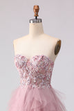 Pink Strapless A-Line Beaded Ruffled Long Prom Dress with Slit