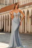 Dusty Blue Strapless Mermaid Corset Satin Long Prom Dress with Beading