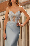 Dusty Blue Strapless Mermaid Corset Satin Long Prom Dress with Beading