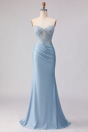 Sky Blue Strapless Mermaid Corset Beaded Long Prom Dress with Sequins