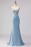 Sky Blue Strapless Mermaid Corset Beaded Long Prom Dress with Sequins
