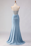 Sky Blue Strapless Mermaid Corset Beaded Long Prom Dress with Sequins