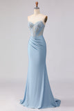 Sky Blue Strapless Mermaid Corset Beaded Long Prom Dress with Sequins
