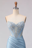 Sky Blue Strapless Mermaid Corset Beaded Long Prom Dress with Sequins