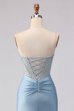 Sky Blue Strapless Mermaid Corset Beaded Long Prom Dress with Sequins