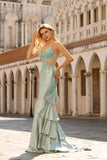 Light Green Satin Mermaid Beaded Ruffled Long Corset Formal Dress