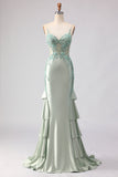 Light Green Satin Mermaid Beaded Ruffled Long Corset Formal Dress